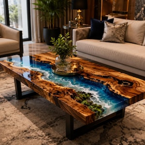 Handmade Live Edge Resin River Coffee Table | Solid Wood Epoxy Table | Rustic Modern Living Room Furniture Handmade Live Edge Epoxy River
