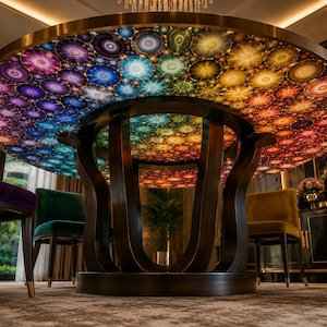 May include: A round dining table featuring a backlit surface composed of numerous circular agate slices in a vibrant spectrum of colors including purple, blue, green, yellow, and red. The table is supported by a dark brown, curved pedestal base.