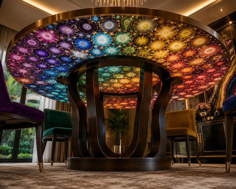 May include: A round dining table featuring a backlit surface composed of numerous circular agate slices in a vibrant spectrum of colors including purple, blue, green, yellow, and red. The table is supported by a dark brown, curved pedestal base.