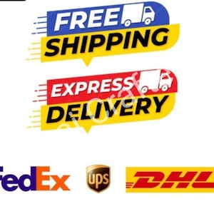 May include: A graphic design featuring two speech bubble shapes with the text FREE SHIPPING and EXPRESS DELIVERY in bold black letters, accompanied by icons of delivery trucks and the corporate logos for FedEx, UPS, and DHL below.