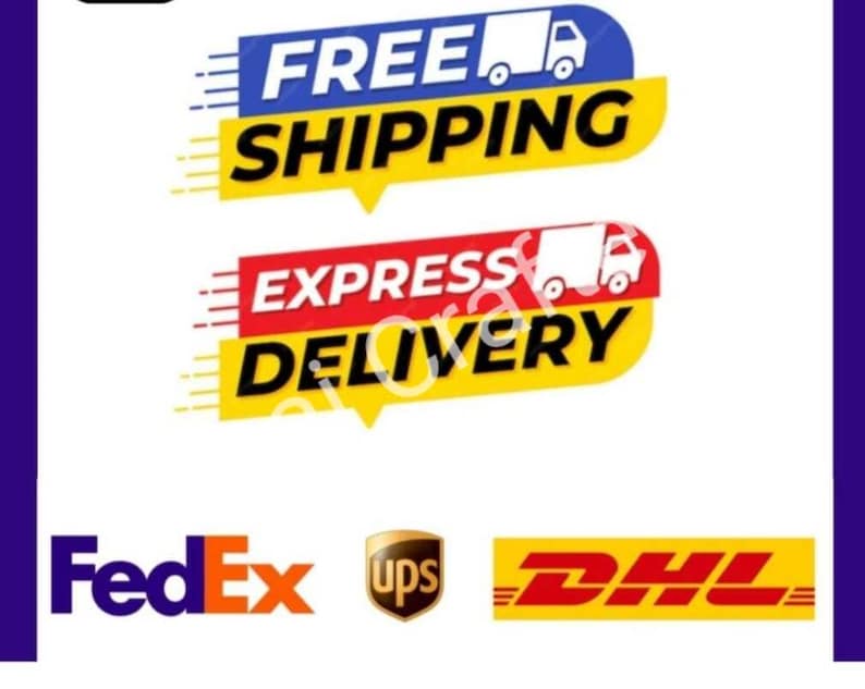 May include: A graphic design featuring two speech bubble shapes with the text FREE SHIPPING and EXPRESS DELIVERY in bold black letters, accompanied by icons of delivery trucks and the corporate logos for FedEx, UPS, and DHL below.