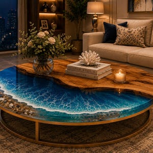 Puede incluir: Una mesa de centro redonda con una superficie de madera natural en un lado y una incrustación de resina azul en el otro, diseñada para parecer una costa oceánica con olas de espuma blanca y pequeñas piedras. La mesa tiene una base de metal dorado.