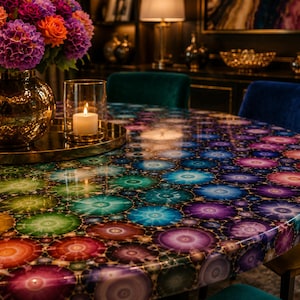 May include: A round dining table featuring a polished surface with a vibrant, multi-colored agate slice pattern in shades of blue, purple, green, orange, and red. A gold vase with purple and orange flowers and a candle in a glass holder sit on top.