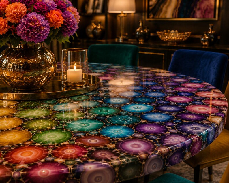 May include: A round dining table featuring a polished surface with a vibrant, multi-colored agate slice pattern in shades of blue, purple, green, orange, and red. A gold vase with purple and orange flowers and a candle in a glass holder sit on top.