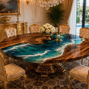 May include: An oval dining table with a distinctive ocean design. The table has a wooden surface with a turquoise and white resin wave pattern. It is supported by a gold-coloured pedestal base and surrounded by upholstered chairs.