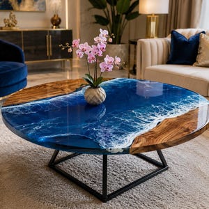 May include: A round coffee table featuring a natural wood edge and a glossy blue resin centre that mimics ocean waves with white foam detailing. The table is supported by a black metal frame and holds a small vase with pink orchid flowers.