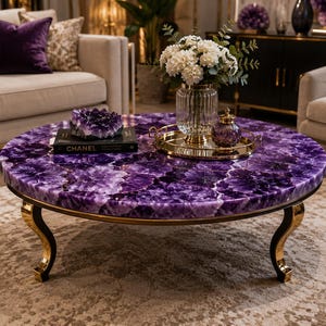 May include: A round coffee table featuring a deep purple amethyst gemstone surface with a polished finish. The table is supported by four curved gold-toned metal legs. A black book titled CHANEL, a purple crystal cluster, and a gold tray are on top.