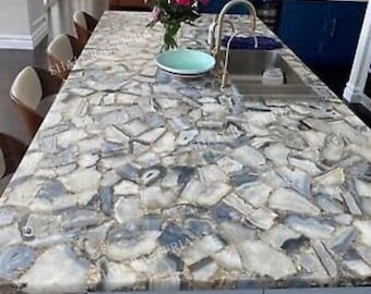 Grey Agate Dining Table Top: Handmade Semi-Precious Stone Slab