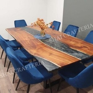Handcrafted Live Edge Acacia Wood & Grey Epoxy Resin Dining Tabletop