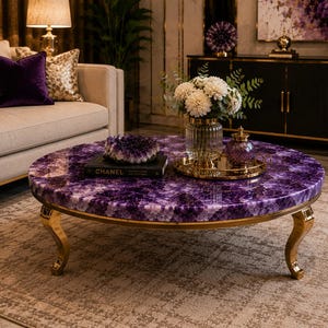 May include: A round coffee table featuring a polished purple amethyst gemstone surface and curved gold metal legs. The table is topped with a black book labeled CHANEL, a large amethyst geode cluster, a glass vase with white flowers, and a gold tray.