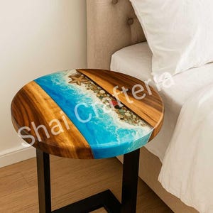 Blue Epoxy Resin Side Table: Mid-Century Modern Ocean Wave Accent Table