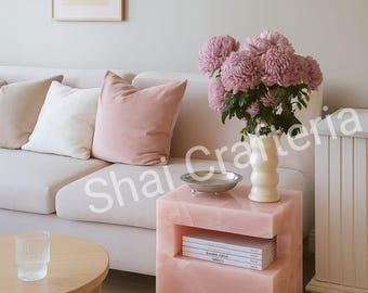 ピンクオニキスキューブテーブル：モダンなアクセント家具、天然石の