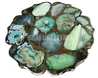Green Agate Table Top: Handmade Gemstone Inlay, Luxury Decor