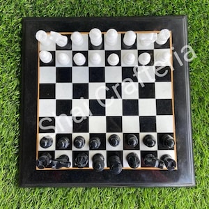 Handmade Square Marble Chess Board with Mother of Pearl Inlay