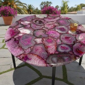 Pink Agate Round Side Table, Metal Base, Gemstone Accent Table