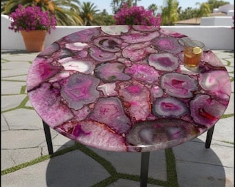 Pink Agate Round Side Table, Metal Base, Gemstone Accent Table