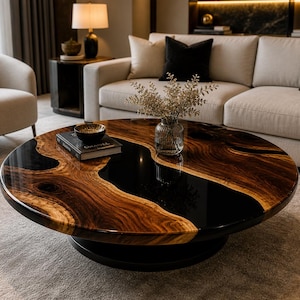 May include: A round coffee table with a dark wood grain pattern and a glossy black epoxy resin center. The table has a black base and is in a living room setting. A book and a decorative bowl are on the table.