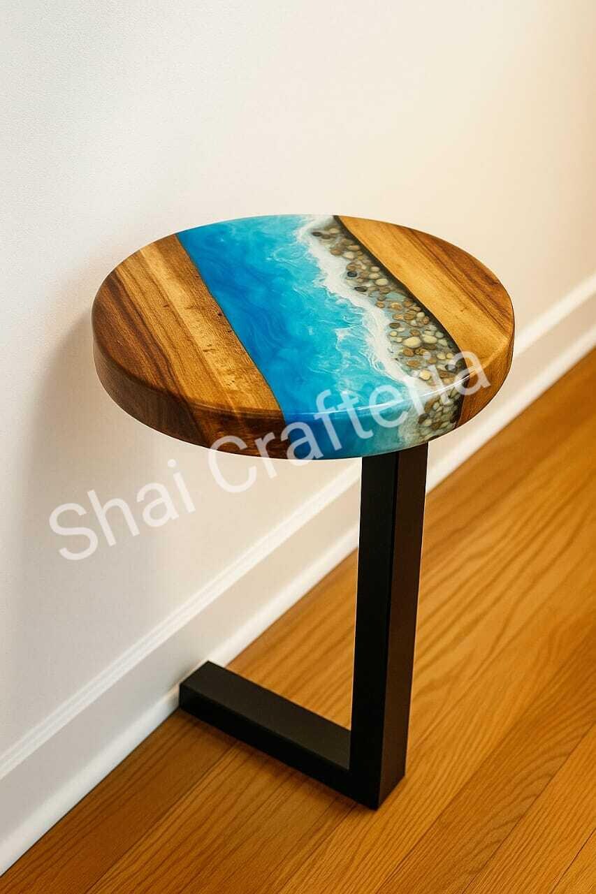 ブルーエポキシ樹脂サイドテーブル：ミッドセンチュリーモダン