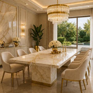 Könnte beinhalten: Ein luxuriöses Esszimmer mit einem großen Marmortisch mit goldenen Akzenten, umgeben von cremefarbenen Stühlen. Über dem Tisch hängt ein goldener Kronleuchter, und ein großes Fenster bietet einen Blick auf einen üppigen Garten. Der Raum ist mit goldverzierten Möbeln und Blumengestecken dekoriert.