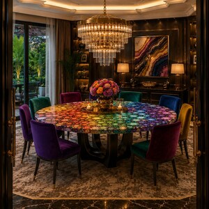 May include: A round dining table with a multicolored, circular patterned surface featuring shades of blue, purple, green, and orange. The table is surrounded by eight velvet upholstered chairs in various colors including purple, green, blue, and yellow.