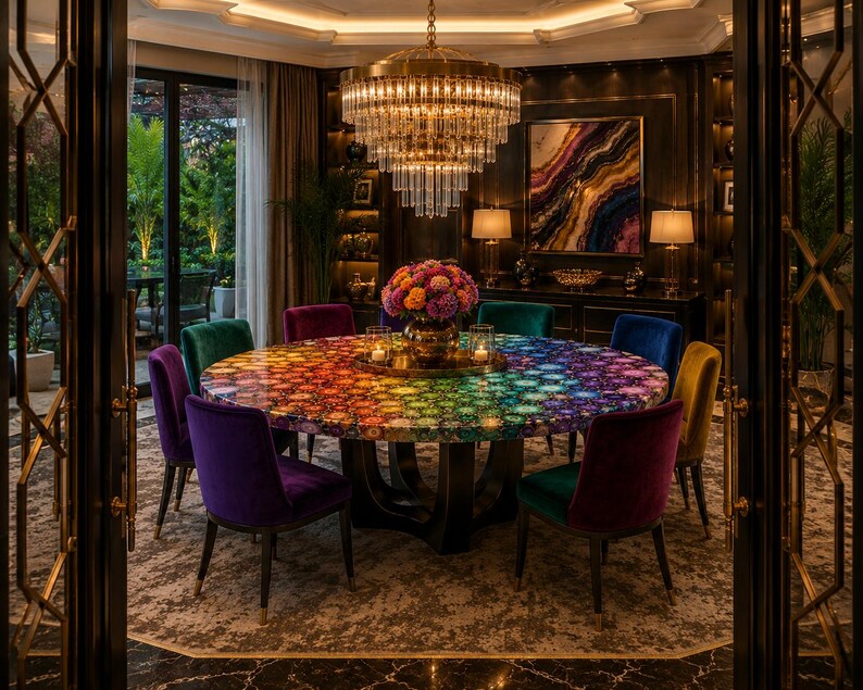 May include: A round dining table with a multicolored, circular patterned surface featuring shades of blue, purple, green, and orange. The table is surrounded by eight velvet upholstered chairs in various colors including purple, green, blue, and yellow.