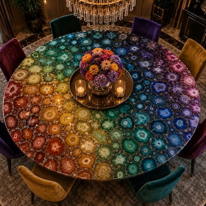 May include: A large round dining table featuring a surface made of multicolored agate slices arranged in a vibrant rainbow gradient. The table is surrounded by eight velvet upholstered chairs in various colors and holds a central floral centerpiece.