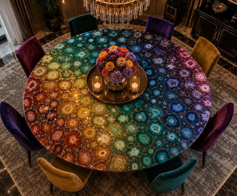 May include: A large round dining table featuring a surface made of multicolored agate slices arranged in a vibrant rainbow gradient. The table is surrounded by eight velvet upholstered chairs in various colors and holds a central floral centerpiece.