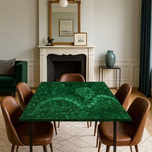 Può includere: Un tavolo da pranzo rettangolare con un piano in malachite verde e gambe in metallo nero. Sei sedie in pelle marrone circondano il tavolo. La stanza presenta un camino, uno specchio e un divano verde. Dimensioni: 150cm x 90cm.