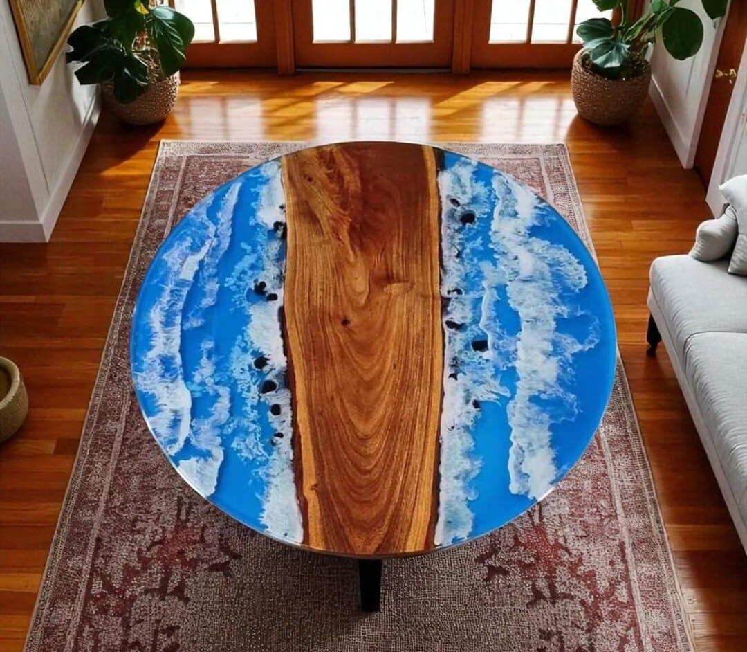 Royal Blue Ocean Wave Epoxy Table Top, Acacia Wood Centerpiece - Etsy