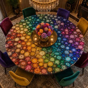 May include: A large, round dining table with a colorful, agate-like surface. The table is surrounded by eight velvet chairs in various jewel-tone colours. A floral arrangement and candles sit on the table's centre. The table's diameter is approximately 183 cm.