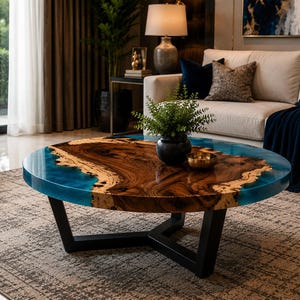 Walnut Blue Wood Epoxy Coffee Table | Handmade Live Edge Resin River Table | Custom Luxury Furniture Blue Epoxy Walnut Coffee Table | Live