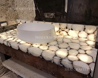 Custom White Agate Dining Table Top: Handmade Semi-Precious Stone