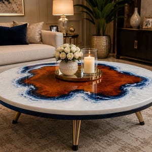 May include: A round coffee table featuring a central natural wood grain surface surrounded by a swirling blue and white resin border. The table is supported by three tapered gold-toned metal legs and has a smooth, glossy finish on the tabletop.