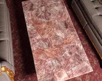 Tablero de mesa de comedor de cuarzo rosa hecho a mano – Muebles de lujo con piedras preciosas