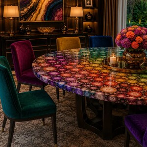 May include: A round dining table with a vibrant, multi-colored fractal pattern surface, surrounded by velvet upholstered chairs in shades of teal, purple, and gold. A gold tray holds a large bouquet of orange and purple flowers and two candles.