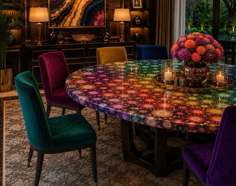 May include: A round dining table with a vibrant, multi-colored fractal pattern surface, surrounded by velvet upholstered chairs in shades of teal, purple, and gold. A gold tray holds a large bouquet of orange and purple flowers and two candles.