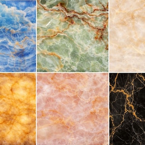 May include: A collection of six square tiles featuring various stone textures. The patterns include blue, green, beige, amber, pink, and black marble with distinct veining and color variations across each individual surface finish.