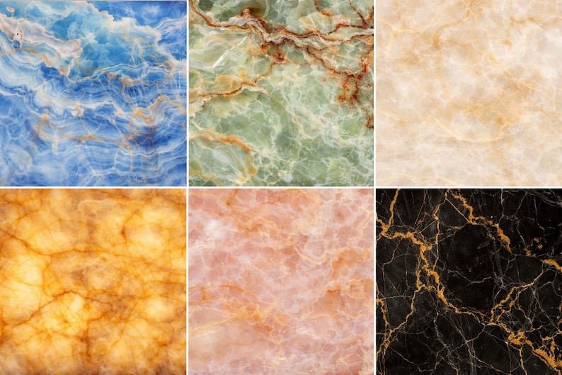 May include: A collection of six square tiles featuring various stone textures. The patterns include blue, green, beige, amber, pink, and black marble with distinct veining and color variations across each individual surface finish.