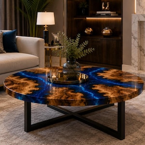 May include: A round coffee table featuring a natural wood burl top with a vibrant blue resin river inlay. The table is supported by a black metal X-shaped base. A gold circular tray holding a glass vase with greenery and a small candle sits on top.
