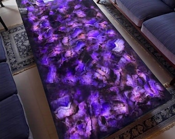 Handcrafted Amethyst Crystal Table Top – Illuminated Gemstone Slab, Luxury Design