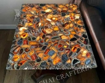 Handcrafted Agate Dining Table Top: Modern Gemstone Inlay