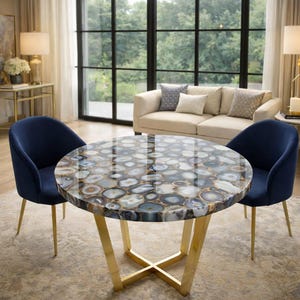 Natural Grey Agate Stone Table Top, Polished Gemstone, Designer Furniture
