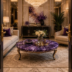 May include: A round coffee table featuring a deep purple amethyst gemstone surface and curved gold-toned metal legs. The table is positioned in a room with cream-colored sofas, a black sideboard, a crystal chandelier, and purple floral accents.