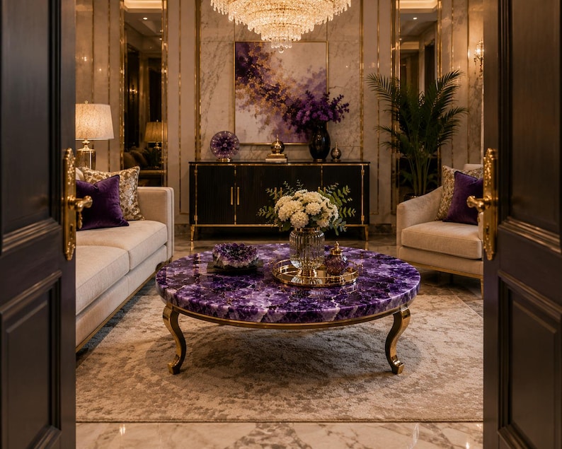 May include: A round coffee table featuring a deep purple amethyst gemstone surface and curved gold-toned metal legs. The table is positioned in a room with cream-colored sofas, a black sideboard, a crystal chandelier, and purple floral accents.