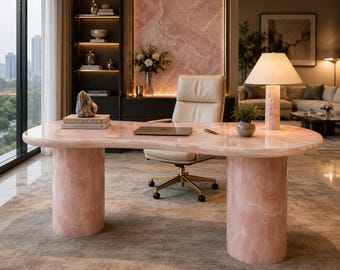 Luxury Pink Onyx Executive Desk – Modern Gemstone Office Furniture Premium Pink Onyx Office Desk – Elegant Executive Workspace Design