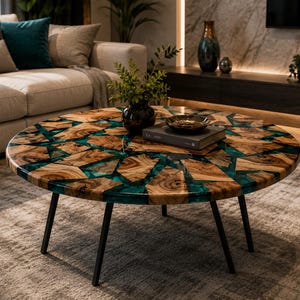 Op maat gemaakte blauwe epoxy houten salontafel, handgemaakte salontafel van hars met natuurlijke rand, rustieke bijzettafel, luxe moderne woonkamermeubels