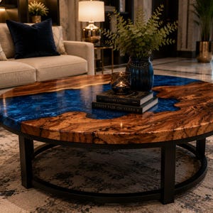May include: A round coffee table featuring a natural wood slab with a prominent, swirling blue resin inlay running through the centre. The table is supported by a black metal frame and base, and it holds two stacked books and a small vase.