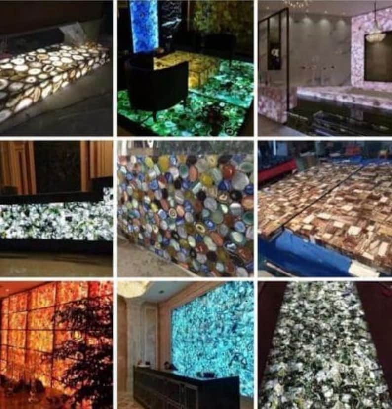 May include: A collection of backlit agate stone slabs and surfaces featuring diverse natural patterns and vibrant colors including blue, orange, green, and brown. These translucent gemstone panels are used for countertops, wall cladding, and flooring, showcasing intricate mineral formations and polished textures.