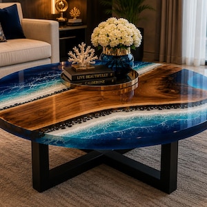Blue Epoxy Ocean River Dining Table | Live Edge Wood Resin Table | Handmade Luxury Dining Furniture