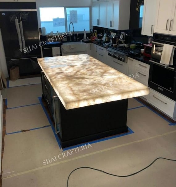 Handmade White Quartz Countertop with Lighting, Custom Stone Table Top
